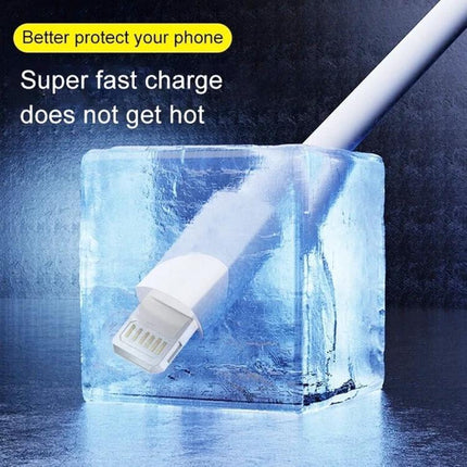 Cable for Everyday iPhone Charging and Data Transfer Needs — white 8-pin PD30W cable pictured chilled in ice to show cool, fast charging and 3A output