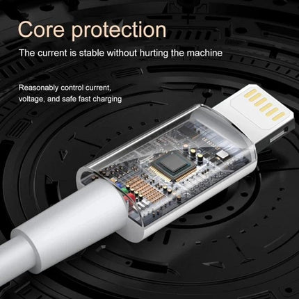 Cable for Everyday iPhone Charging and Data Transfer Needs showing 8-pin PD30W cable with exposed circuit for core protection and fast charging