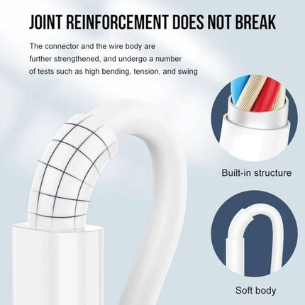Cable for Everyday iPhone Charging and Data Transfer Needs showing reinforced 8-pin connector and flexible soft-body construction
