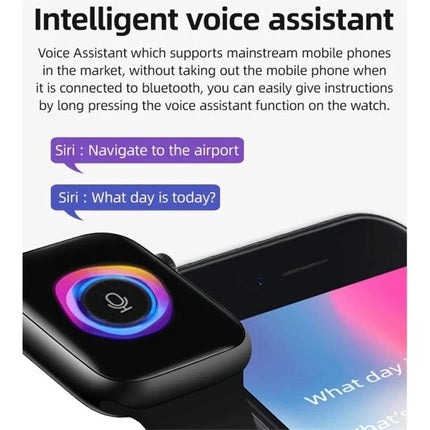 Smart Watch for Monitoring Health During Daily Activities with voice assistant showing heart rate and activity tracking on display