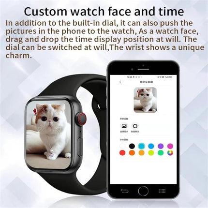 Smart Watch for Monitoring Health During Daily Activities - black smartwatch showing custom watch face with cat photo and companion phone app