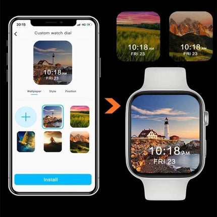 Daily Smart Watch for Everyday Health and Activity Tracking — smartwatch showing custom watch face selection on phone and installed lighthouse wallpaper on watch