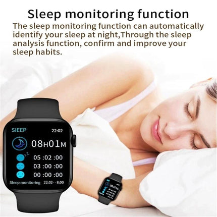 Daily Smart Watch for Everyday Health and Activity Tracking sleep monitoring image showing watch tracking sleep stages and a woman sleeping