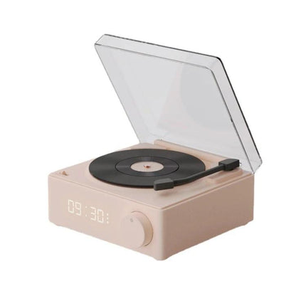 Duosi Retro Bluetooth Desk Speaker With Hidden Display And Alarm shown in pink retro turntable style with dimmable LED clock