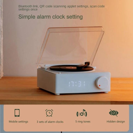 Duosi Retro Bluetooth Desk Speaker With Hidden Display And Alarm showing alarm clock settings and dimmable hidden display