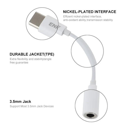 Enkay USB-C Adapter for Daily Headphone Connectivity showing USB-C plug, durable TPE cable and 3.5mm jack with nickel-plated interface
