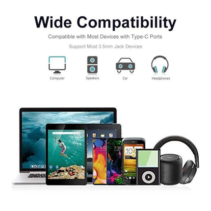 Enkay USB-C Adapter for Daily Headphone Connectivity showing wide compatibility with laptops, tablets, phones, speakers and headphones