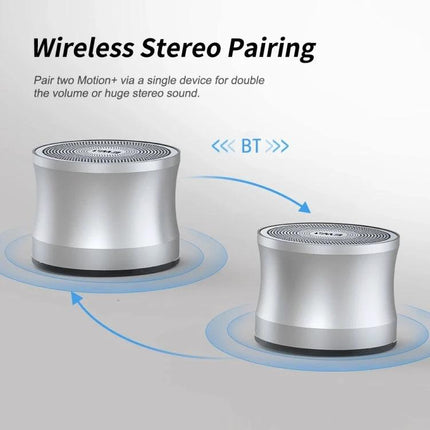 EWA Compact Bluetooth Speaker For Commutes, Travel And Home Use showing two silver speakers paired wirelessly via Bluetooth 5.0