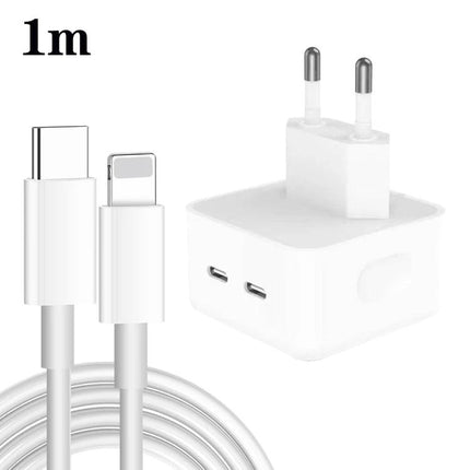 This EU plug charger suits everyday device charging needs - white dual USB-C ports with 1m USB-C to Lightning cable