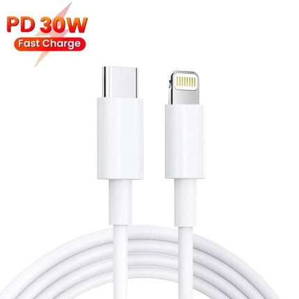 This EU plug charger suits everyday device charging needs. White PD 30W USB-C to Lightning cable for fast charging smartphones and tablets