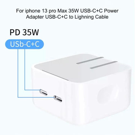 This EU plug charger suits everyday device charging needs. White 35W PD USB-C+C dual-port EU wall adapter powering smartphone and tablet