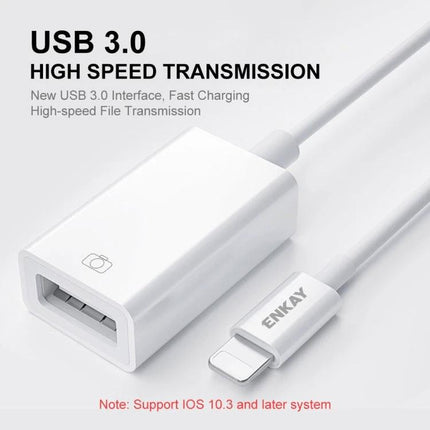 ENKAY Adapter for iPhone USB File Transfers in Daily Life — white USB 3.0 to Lightning adapter for high-speed camera and flash drive transfers