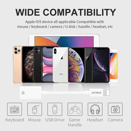 ENKAY Adapter for iPhone USB File Transfers in Daily Life connecting USB drive, camera and accessories to iPhone for easy on-the-go file transfer