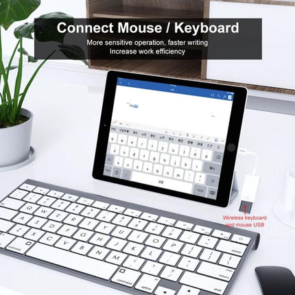 ENKAY Adapter for iPhone USB File Transfers in Daily Life connecting a USB keyboard and mouse to an iPad for file management