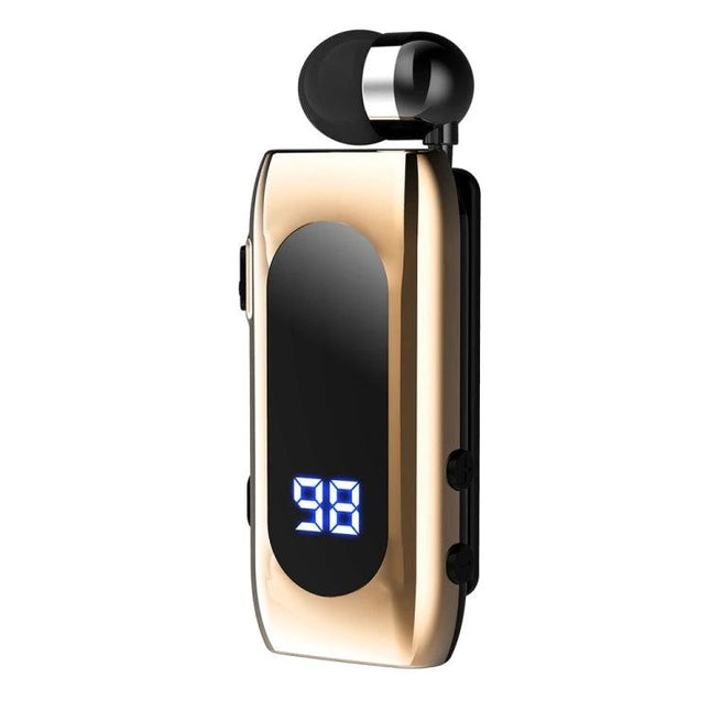 Fineblue Single Retractable Earbud For Running And Calls gold single-ear Bluetooth headset with clip and battery display