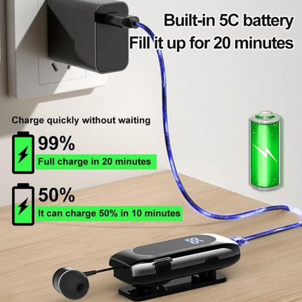 Fineblue Single Retractable Earbud For Running And Calls with clip, retractable cable and fast charging display on table