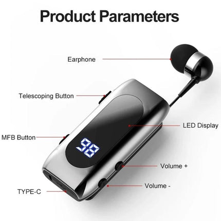 Fineblue Single Retractable Earbud For Running And Calls showing single in-ear BT5.2 earpiece with clip, LED battery display, and controls