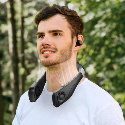 Portable Hanging Neck Fan for Everyday Cooling Comfort worn by smiling man outdoors, hands-free personal cooling during walks
