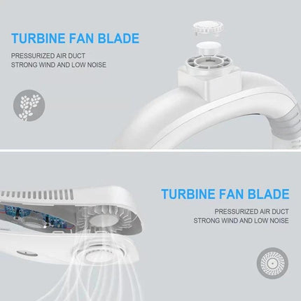 Portable Hanging Neck Fan for Everyday Cooling Comfort showing turbine fan blade and pressurized air duct for strong wind and low noise
