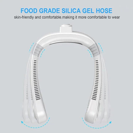 Portable Hanging Neck Fan for Everyday Cooling Comfort showing white hands-free neckwear with food-grade silica gel hose and adjustable airflow