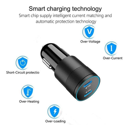 PD40w Dual PD3.0 Type-C Car Charger For Phone Charging On The Road compact black dual-port car charger with smart charging protection icons