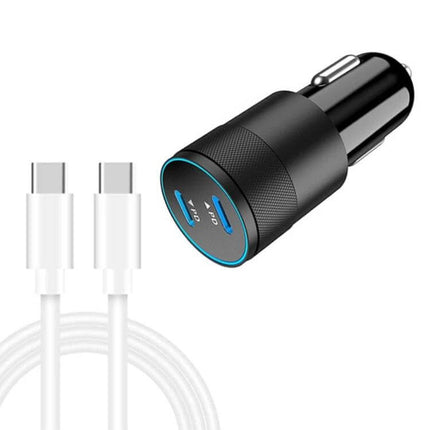 Dual USB-C Car Charger For On The Go Device Charging — compact black dual PD3.0 USB-C car charger with two cables