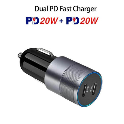 Dual USB-C Car Charger For On The Go Device Charging - compact dual PD3.0 20W+20W car charger with two USB-C ports
