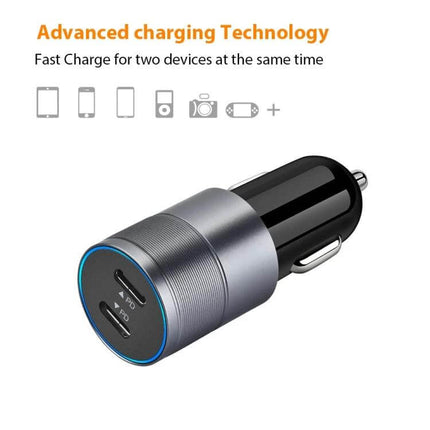 Dual USB-C Car Charger For On The Go Device Charging - compact dual PD3.0 USB-C car charger for fast charging two devices