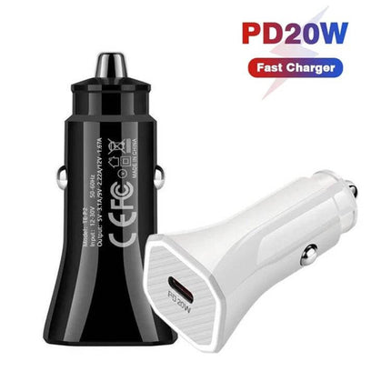 TE-P2 20W Type-C Car Charger For On-The-Go Charging - compact PD 3.0 USB-C car charger in black and white for fast in-car charging of phones and tablets