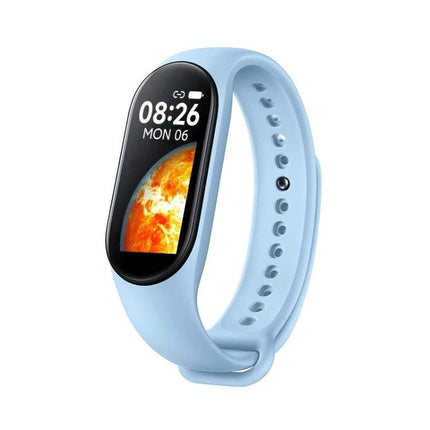 Essential Smart Watch for Monitoring Health in Daily Life - light blue fitness tracker with display showing time and activity