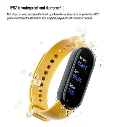 Essential Smart Watch for Monitoring Health in Daily Life - yellow waterproof fitness tracker showing steps, km, kcal on screen