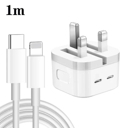 Versatile Charger for Everyday Device Power Needs - white dual PD UK plug with 1m USB-C to Lightning cable