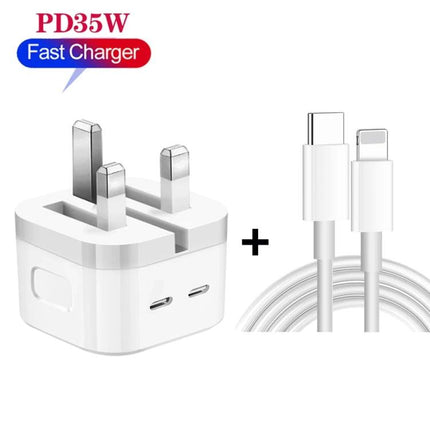 Versatile Charger for Everyday Device Power Needs - dual PD35W UK plug with two USB-C ports and USB-C to Lightning cable for phones and tablets