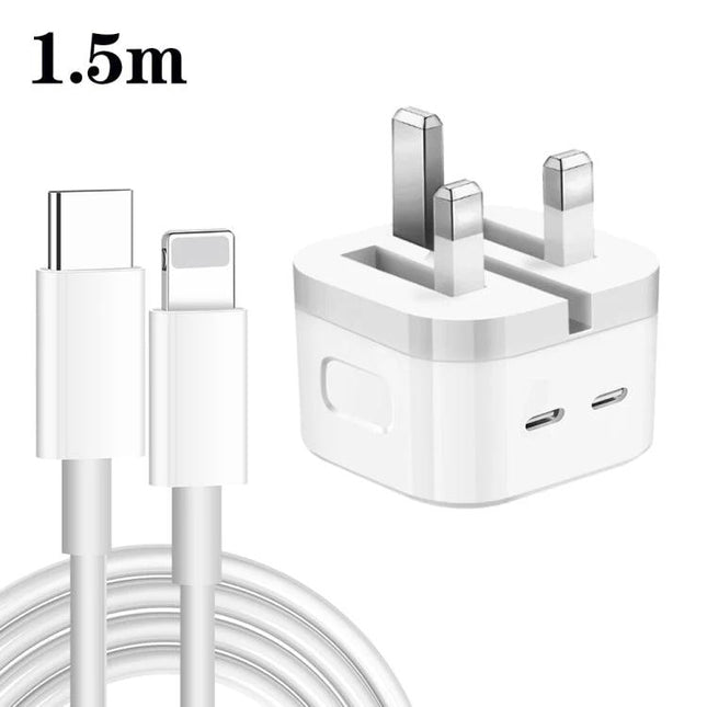 Versatile Charger for Everyday Device Power Needs - 1.5m dual PD wall charger with USB‑C to Lightning cable and UK plug