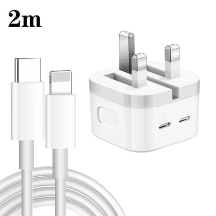 Versatile Charger for Everyday Device Power Needs — white dual PD UK plug with two USB-C cables (2m), for phones and tablets, 100-240V travel-ready