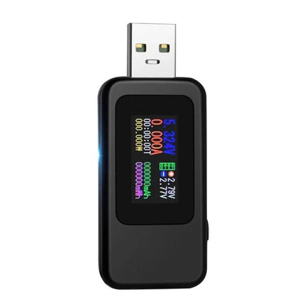 USB DC Voltage and Current Tester with Digital Display plugged into USB port showing multicolor real-time voltage and current readings