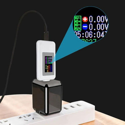 USB DC Voltage and Current Tester with Digital Display plugged into wall charger showing voltage and current readings on color screen
