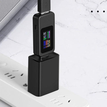 USB DC Voltage and Current Tester with Digital Display plugged into charger showing real-time voltage and current readings
