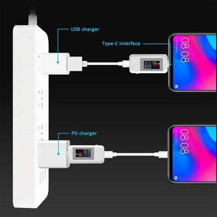 USB DC Voltage and Current Tester with Digital Display plugged between USB chargers and smartphones showing voltage and current readings