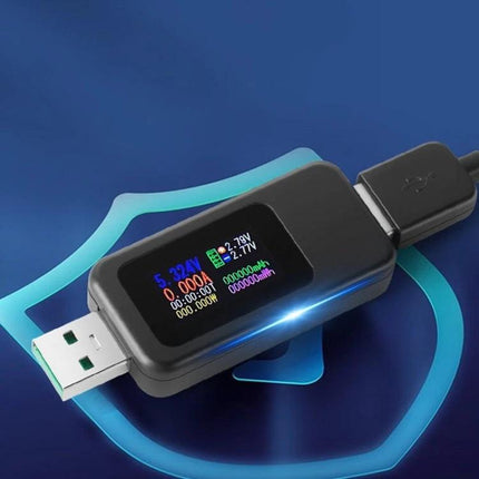 USB DC Voltage and Current Tester with Digital Display plugged into USB showing real-time voltage and current readings on color screen