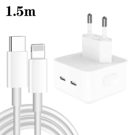Practical Charger for Everyday Device Powering at Home dual PD white wall charger with two USB‑C ports and 1.5m USB‑C to Lightning cable