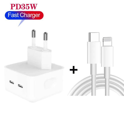 Practical Charger for Everyday Device Powering at Home — white dual PD35W wall charger with two USB‑C ports and USB‑C to Lightning cable for smartphone and tablet
