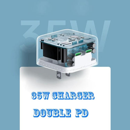 Practical Charger for Everyday Device Powering at Home shown as transparent 35W dual PD wall charger powering smartphone and tablet