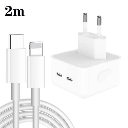 Practical Charger for Everyday Device Powering at Home dual PD white wall charger with two USB-C ports and 2m USB-C to Lightning cable