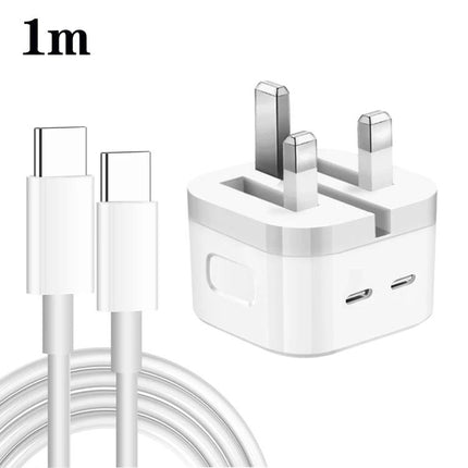Compact Dual USB-C Charger for Everyday Home and Travel Use shown with 1m USB-C to USB-C cable and UK plug