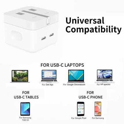 Compact Dual USB-C Charger for Everyday Home and Travel Use - compact white dual USB-C wall charger showing universal compatibility with laptops, tablets, phones