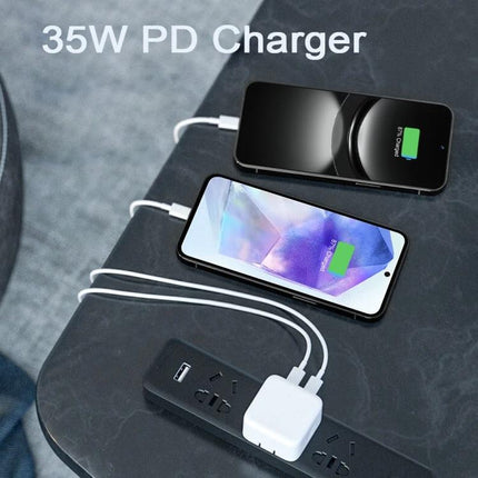 Compact Dual USB-C Charger for Everyday Home and Travel Use - compact 35W PD dual-port USB-C charger powering phone and tablet simultaneously