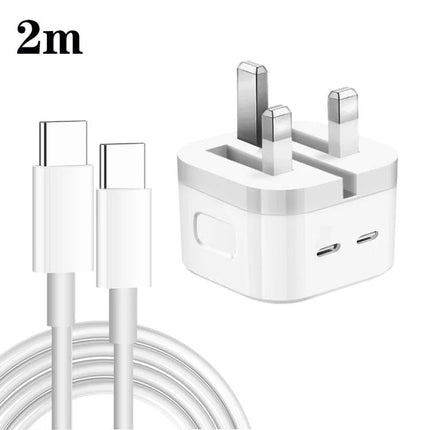 Compact Dual USB-C Charger for Everyday Home and Travel Use - white 2-port UK plug with 2m USB-C cable