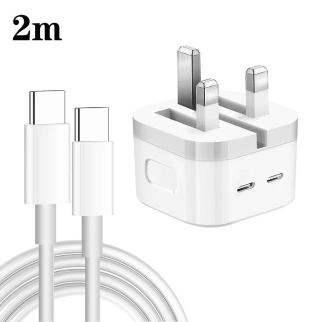 Compact Dual USB-C Charger for Everyday Home and Travel Use - white 2-port UK plug with 2m USB-C cable