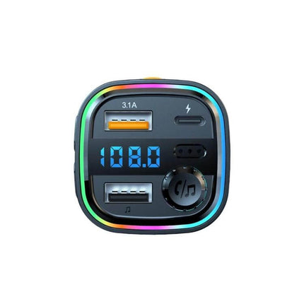Car Bluetooth Transmitter Handsfree Audio Player With Dual USB Charger compact unit with dual USB ports, LED display and RGB trim for music, calls and charging